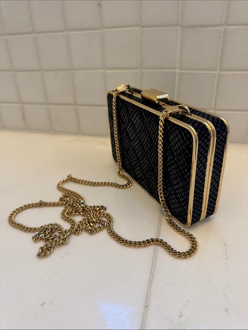 Black Snake-Embossed Box Clutch with Gold Chain, Michael Kors